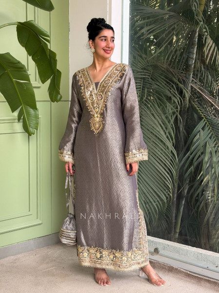 Kyra Grey Straight Dress with Mirror Zari Work