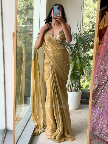 Zephyr Gatin Golden Shimmer Georgette Pre-Draped Saree