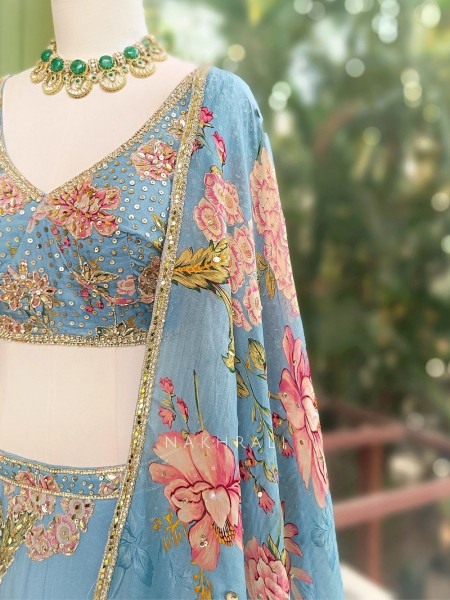 Vihana Sky Blue Lehenga Set with Floral Print and Sequin Work