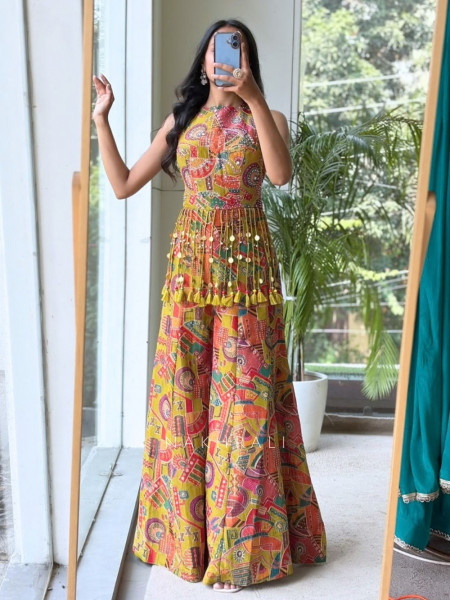 Ghungroo Melody Yellow Modal Satin Blend – Indo-Western Palazzo Set