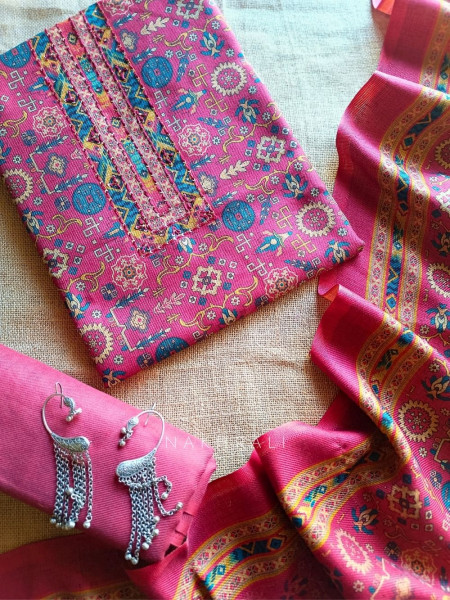 Heritage Red Woolen Printed Dress Material