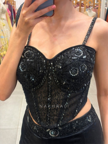 Sorvella Black Indo-Western Skirt Set with Sequin Corset