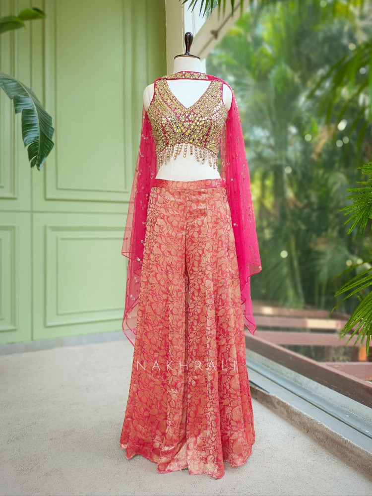 Image of Vritika Magenta Brocade Palazzo Set with Mirror Work