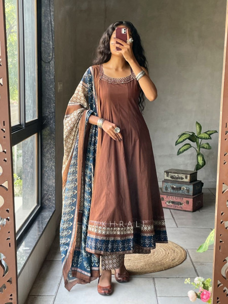Miraya Brown Cotton Suit Set with Printed Border Detail