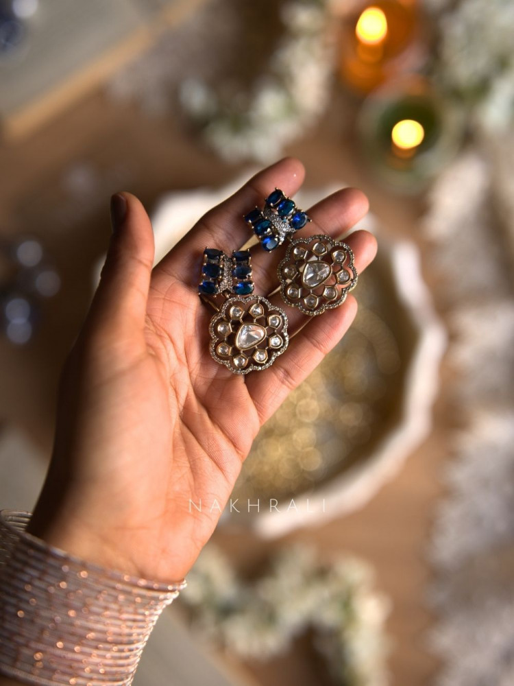 Image of Elysia Blue Floral Drop Statement Earrings