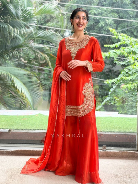 Noor-e-Kanti  Orange Chanderi Silk Suit Set