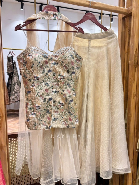 Sweetheart Prism Chickoo Tissue Silk Indo-Western Palazzo Set