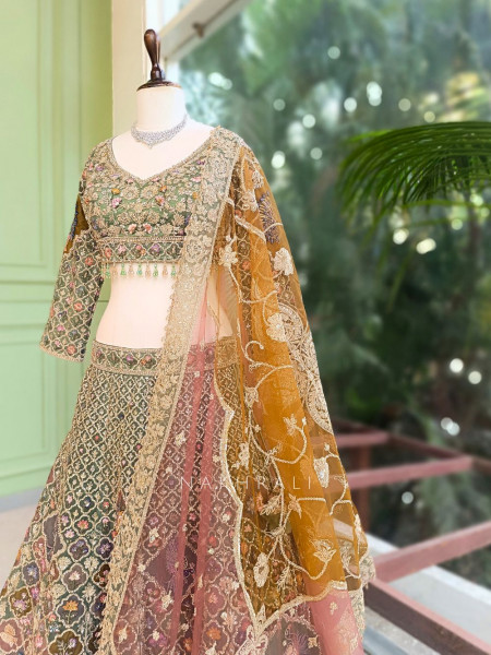 Kivra Green Lehenga Set with Multicolor Embroidery and Dupatta