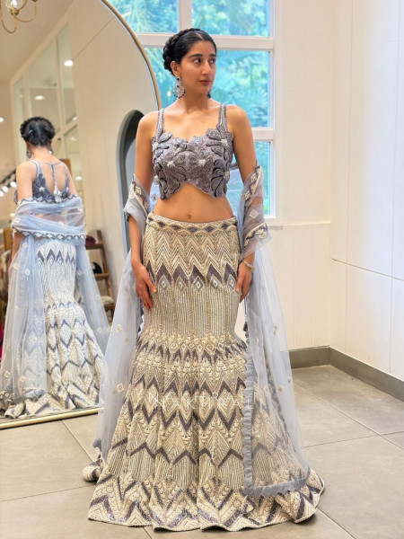 Celestia Silver Mermaid Indo-Western Lehenga with Sequin & Bead Embroidery