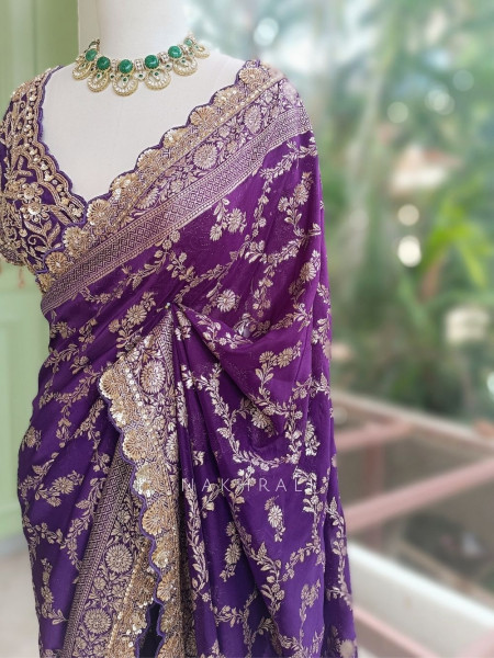 Tarangini Purple Banarasi Silk Blend Saree with Readymade Blouse