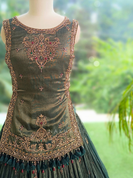 Twilight Moss Olive Green Metallic Tissue Silk Indo-Western Lehenga