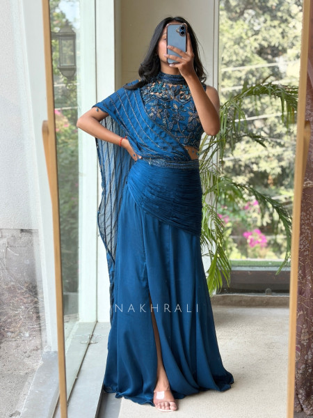 Shadowed Teal Blue Crushed Georgette – Pre-Draped Saree with Blouse