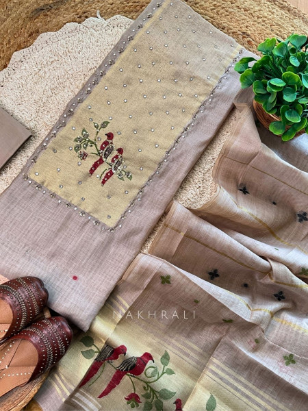 Parisa Brown Embroidered Cotton Dress Material with Bird Motifs