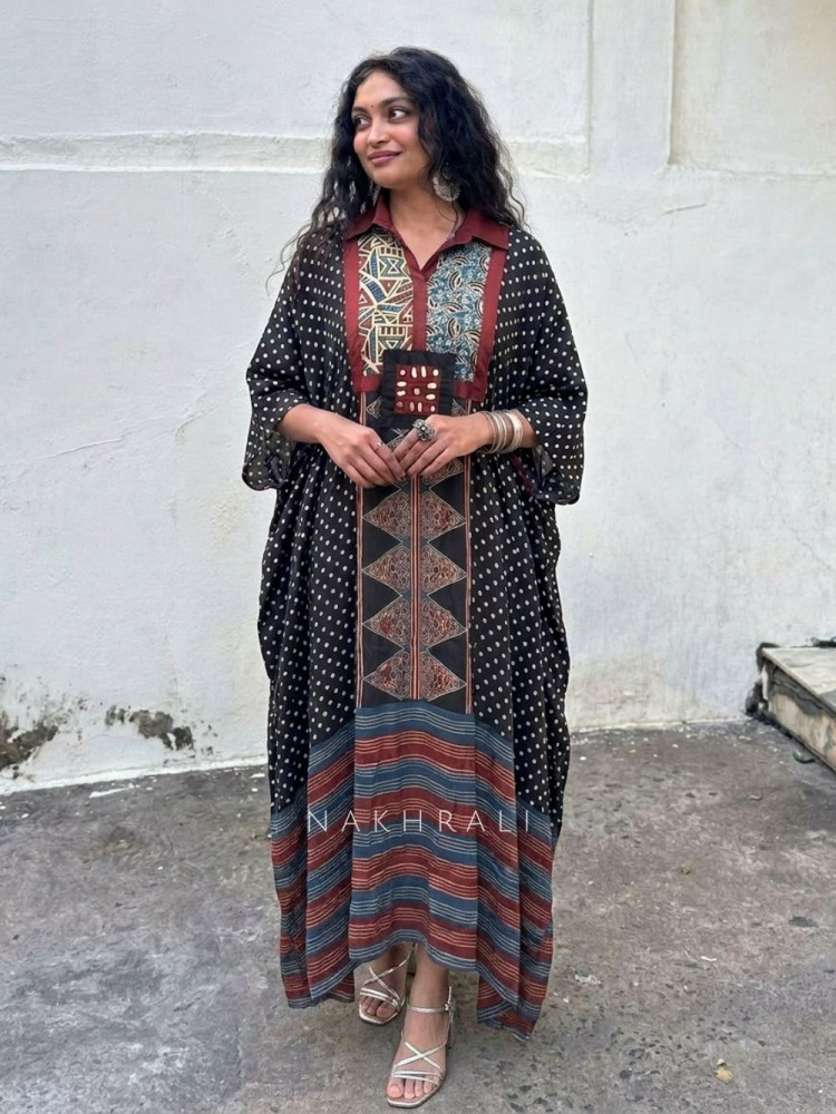 Image of Boho Canvas Black Printed Kaftan Dress