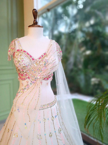 Solaris Petal Off-White Satin Silk & Soft Net Lehenga