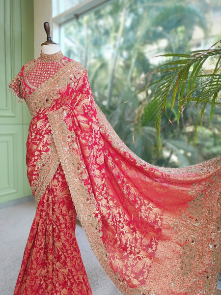 Kundan-Crested Red Banarasi Katan Silk Saree with Readymade Blouse
