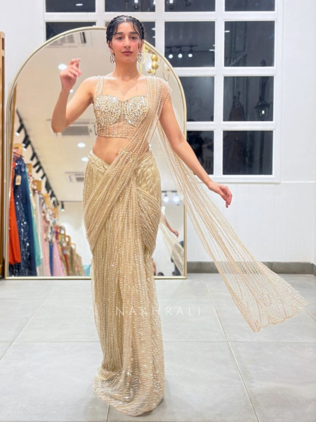 Meridian Beige Tulle Net Pre-Stitched Drape Saree