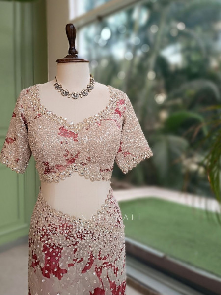 Scarlet Cream Saree with Floral Print & Heavy Embellished Readymade Blouse