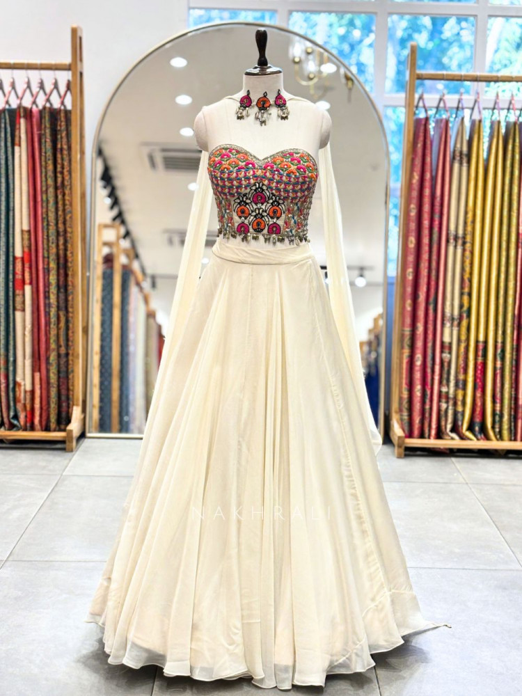 Image of Azure Cream Georgette Indo Western Lehenga with Thread and Mirror Work