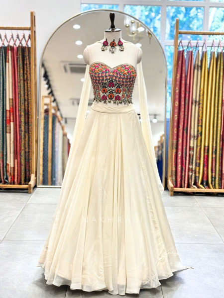 Azure Cream Georgette Indo Western Lehenga with Thread and Mirror Work