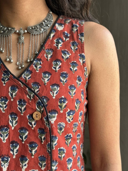 Flexora Red Printed Sleeveless Top with Overlap Neck Detail