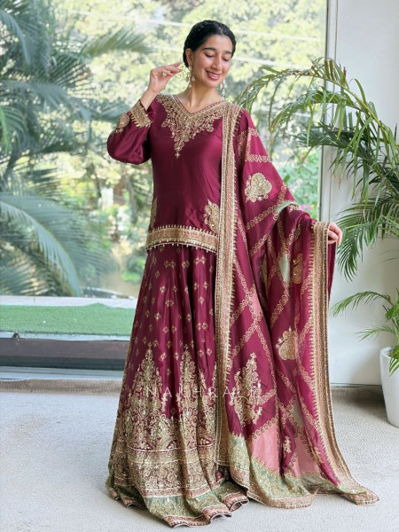 Bespoke Deep Maroon Raw Silk Bridal Lehenga