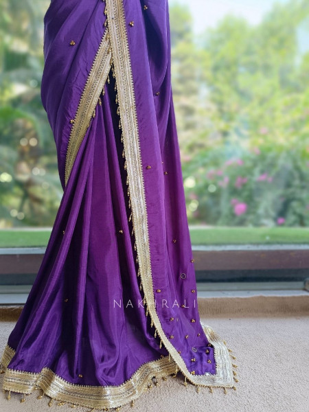 Rati Purple Saree with Gota Patti Border & Multicolor Embroidered Readymade Blouse