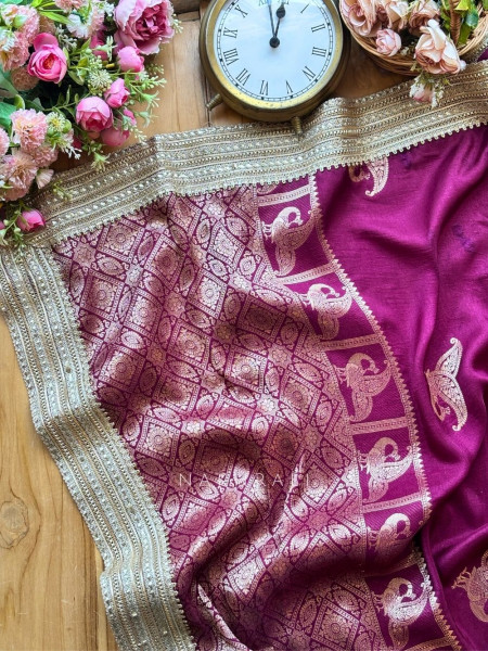 Tavira Wine Saree with Broad Border and Unstitched Blouse Piece