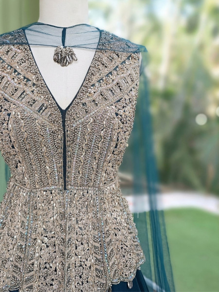 Seravelle Teal Green Net & Georgette Indo-Western Peplum Lehenga Set