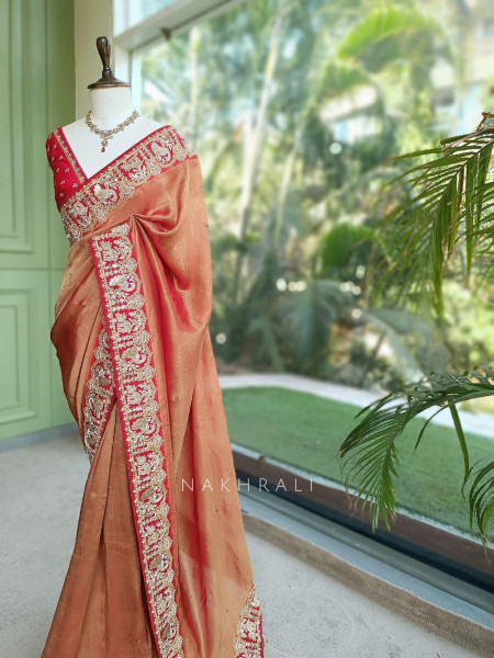 Noor-e-Aftab Orange Saree With Heritage Zardozi & Peacock Elephant Embroidery