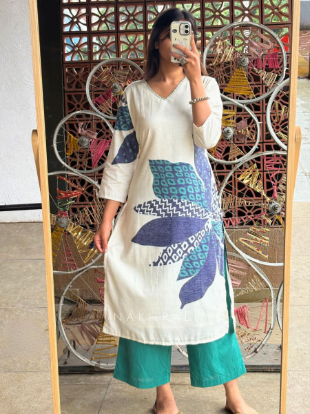 Ivory & Teal Cotton Suit Set with Abstract Print