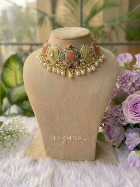 Padmika Pink Choker Necklace Set With Pearl & Stone Detail