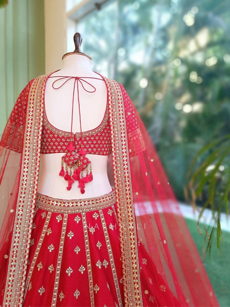 Zardozi Lattice Red Raw Silk & Soft Net Bridal Lehenga