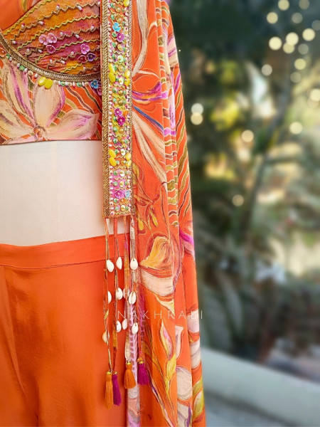 Vireya Orange Floral Cape Palazzo Set