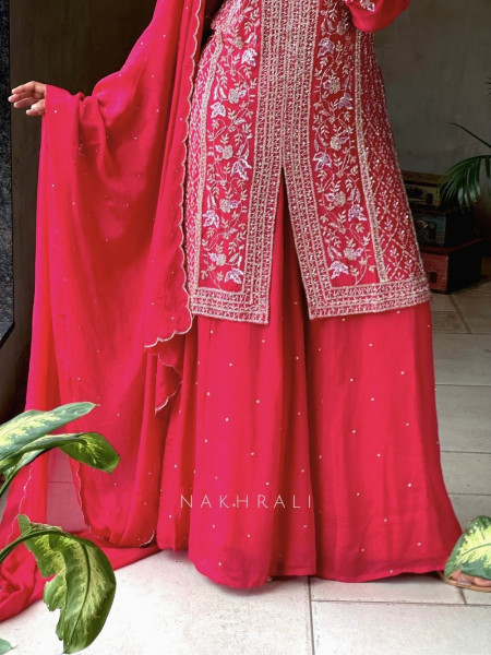 Shivi Magenta Palazzo Suit Set with Intricate Embroidery