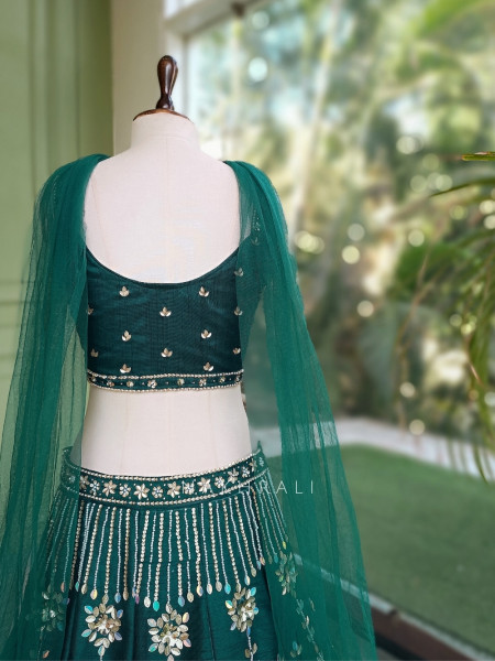 Cloverine Green Raw Silk Indo-Western Lehenga Set