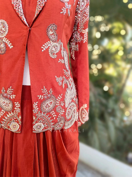 Velira Rust Embroidered Crop Top Skirt Set with Jacket