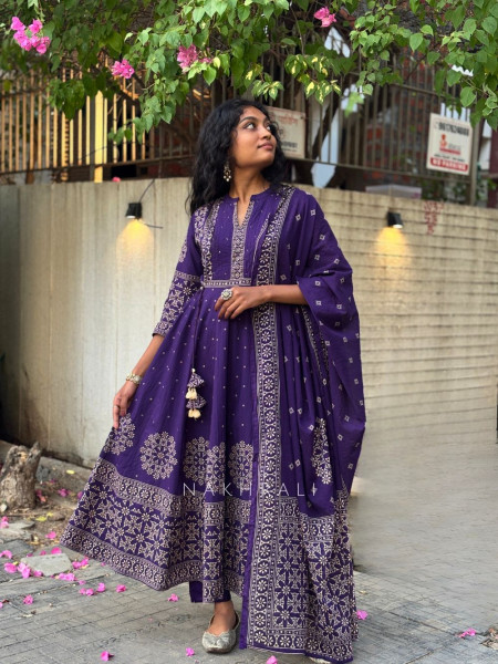 Neelohit Purple Cotton Anarkali Printed  Suit Set with