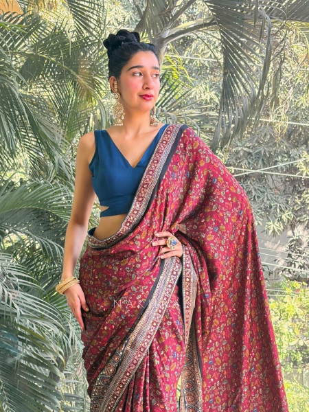 Maroon Floral Ajrak Modal Silk Saree