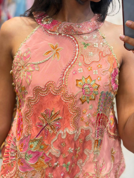 Floral Pink Indo-Western Palazzo Set with Sequin Work