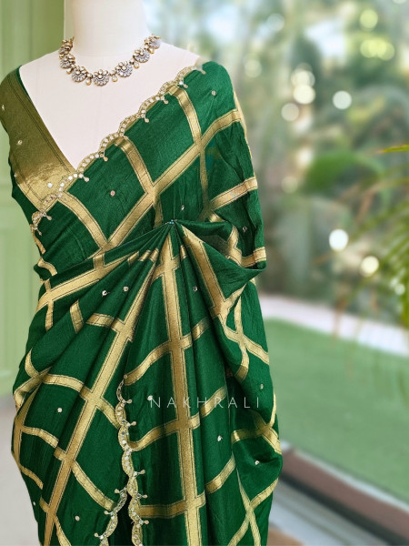 Asmi Green Chinon Silk Zari Check Saree