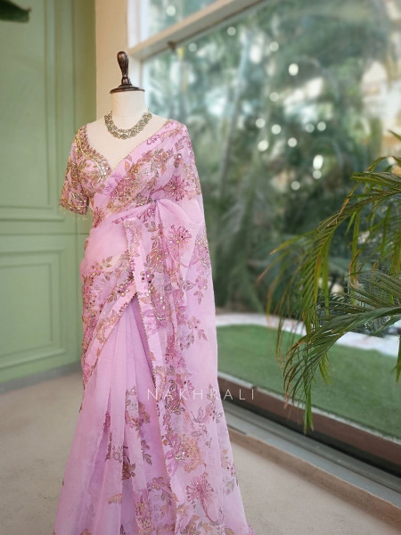 Petal Gleam Lavender Floral Silk Organza Saree