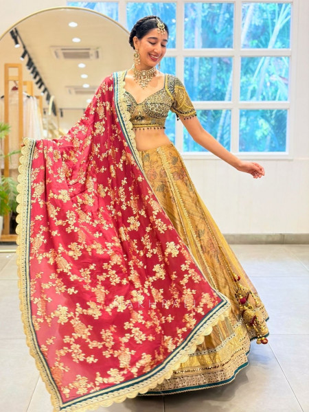 Mridula Bottle Green Banarasi Silk Lehenga Set