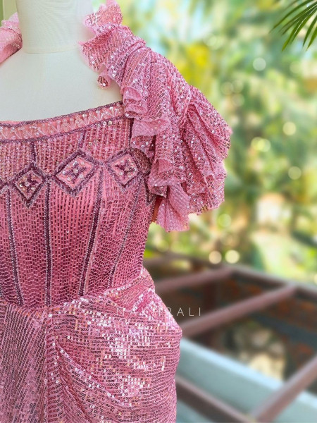Eirene Pink Sequin Gown with Cut Dana Work and Frill Jacket