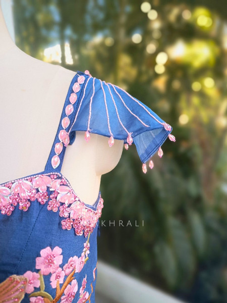 Elina Blue Silk Dress with Sequin Bead Work