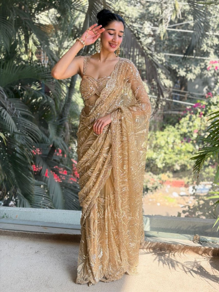Zehra Gold Sequin Drape Saree with Cut Dana Blouse