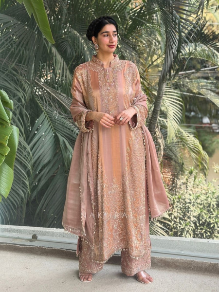 Zariya Peach Suit Set with Cut Dana and Zari Work