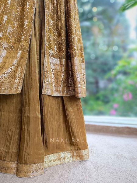 Aabroo Mehendi Green Suit Set with Zari And Sequin Work