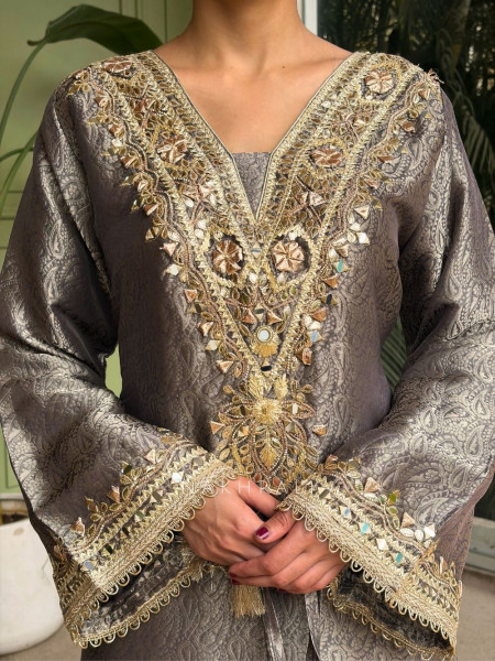 Kyra Grey Straight Dress with Mirror Zari Work