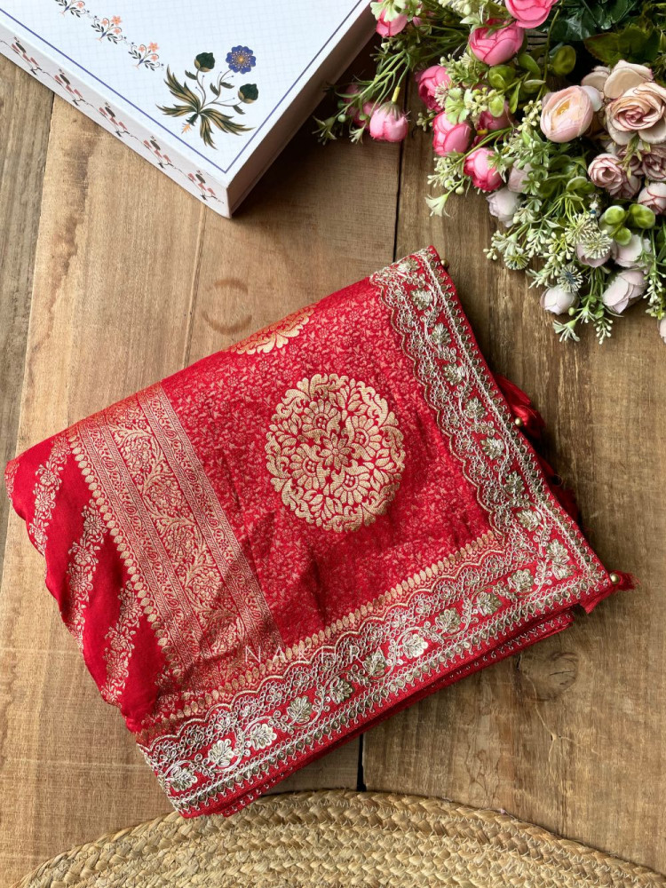 Image of Nazm-e-Bahaar  Red Saree With Floral Motif Border Work